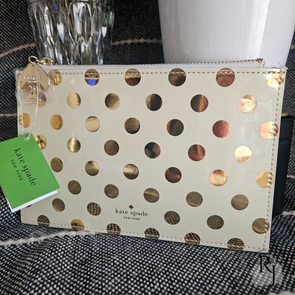 KATE SPADE Zippered Metallic Gold Polka Dot Zippered Pouch - Picture 1 of 10